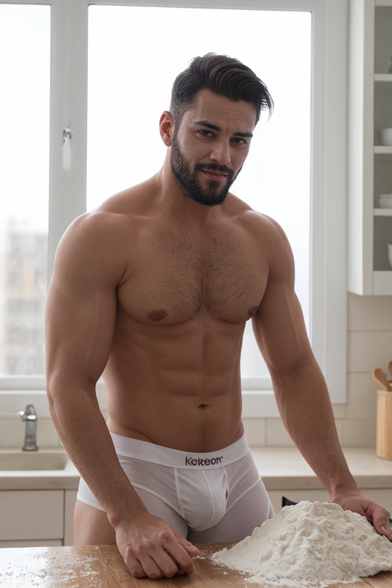 Real image of a Turkish model man with short black hair athletic body looking towards the camera, shady beard cut, with a slight smile, shirtless, wearing a white boxer. Kneading a dough on a table with flour in the kitchen, window light.