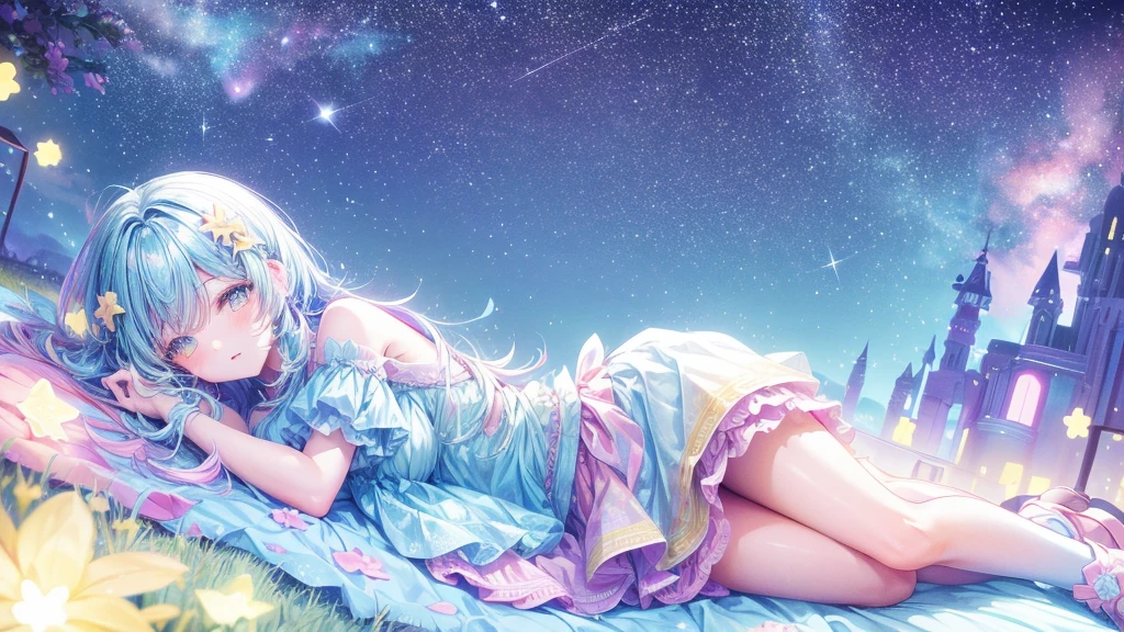 Depicts a scene where a cute girl character lies on a grassy hill, Looking at the stars. Surround her with colorful nebulae and her favorite constellations.