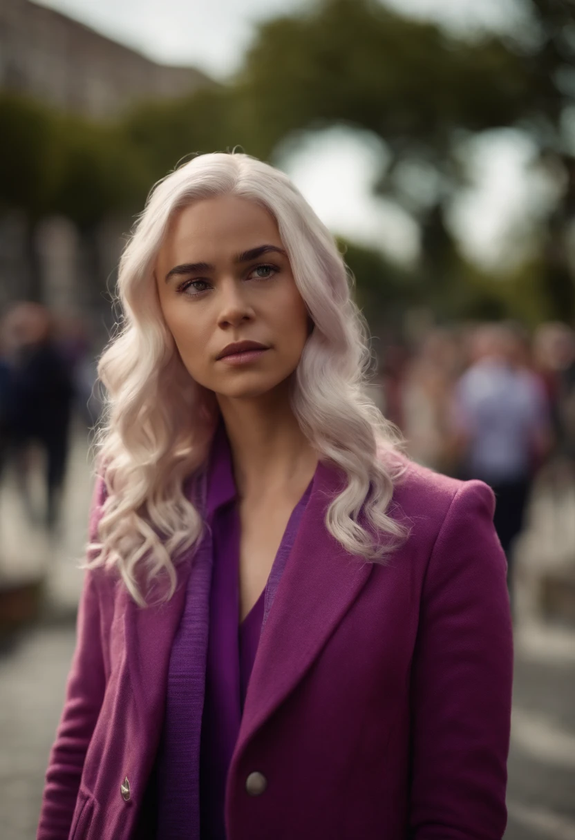 EMÍLIA CLARKE in pedestrian park, pinker Kapuzenpullover, violet Blazer, white pants, violet sneaker, HAIR from Daenerys targaryen 