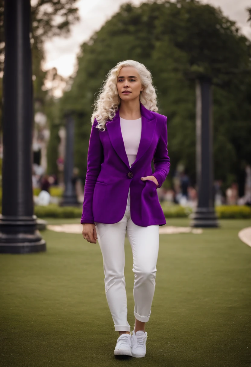 EMÍLIA CLARKE in pedestrian park, pinker Kapuzenpullover, violet Blazer, white pants, violet sneaker, HAIR from Daenerys targaryen 