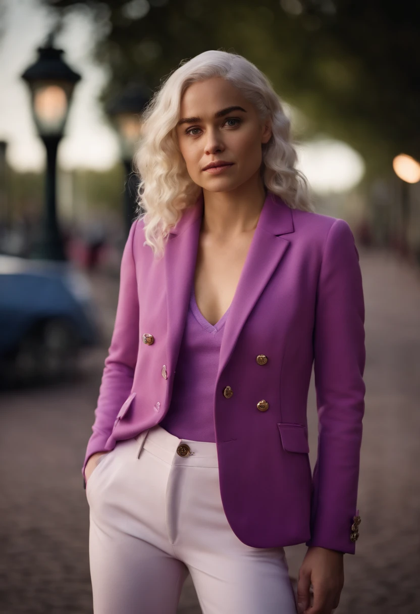 EMÍLIA CLARKE in pedestrian park, pinker Kapuzenpullover, violet Blazer, white pants, violet sneaker, HAIR from Daenerys targaryen