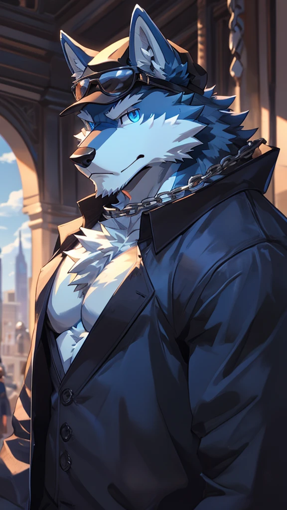 bynamic angle,depth of field, motion blur, absurdres,looking at viewer, (best quality), (masterpiece), (ultra detailed),(detailed eyes),sharp focus,manga,anthro male Blue Wolf,(muscular),Huge body chest , Naked , Wearing black cap , wearing Sunglasses ,sky blue eyes,handsome , Chaining