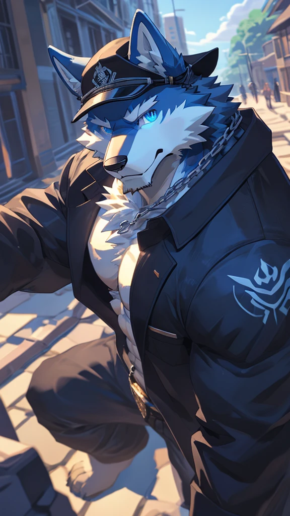 bynamic angle,depth of field, motion blur, absurdres,looking at viewer, (best quality), (masterpiece), (ultra detailed),(detailed eyes),sharp focus,manga,anthro male Blue Wolf,(muscular),Huge body chest , Naked , Wearing black cap , wearing Sunglasses ,sky blue eyes,handsome , Chaining