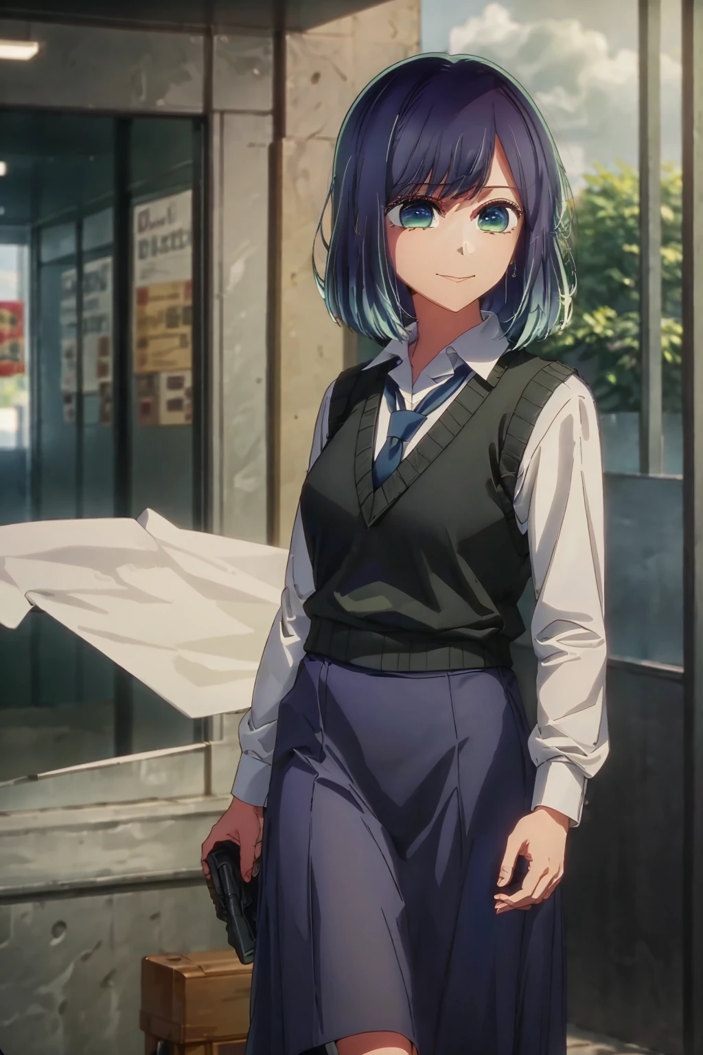 best quality, masterpiece, 1 girl, alone, beautiful, detailed eyes, shirt, blue tie, blue hair, white shirt, long sleeves, medium hair, collared shirt, vest, indoors, , bangs, vest, closed mouth , smile, green eyes, multicolored hair, black vest, short hair, faded hair, blue eyes, skirt, walking down the street, in the rain, holding her umbrella