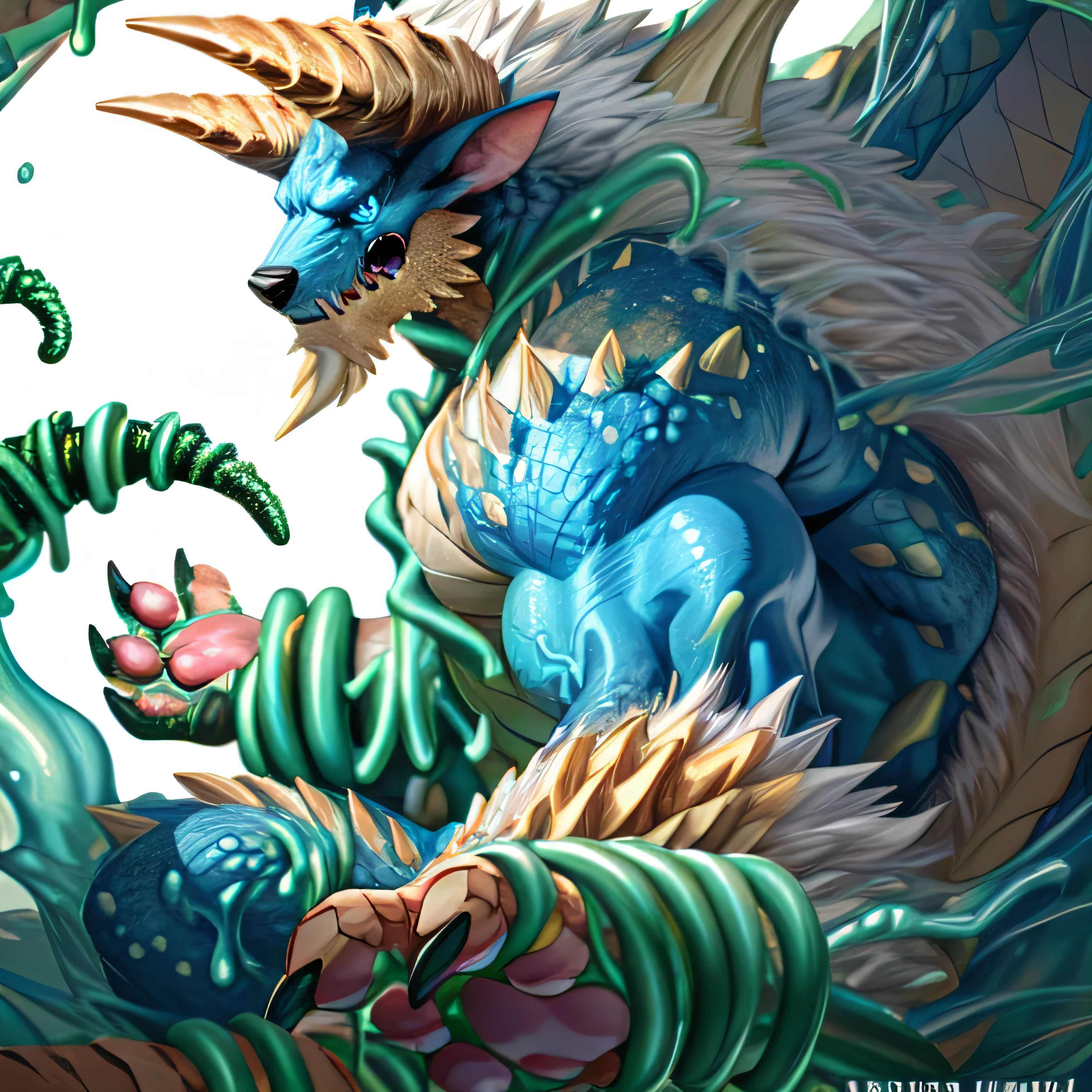 anthropology,(zinogre:1.2),Tail,((whole body,blue eyes, Blue body, White furry, Yellow Hand, Feet, Blue face,4 toes,Tail )),,muscular, whole body, (author：null-ghost,From raccoon21,masterpiece,high quality), Night Fight,((boundary)), rest (((Slime monster uses tentacles to fight dragon))，4 toes，struggle, (pain:1.3)，frown，annoyed, Worry,full body,pawpads,((horns))