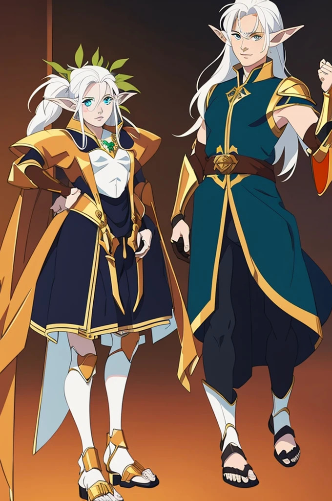 solo holy Bitchmade male elf with white hair and orange eyes and armor wearing sandals, full body.