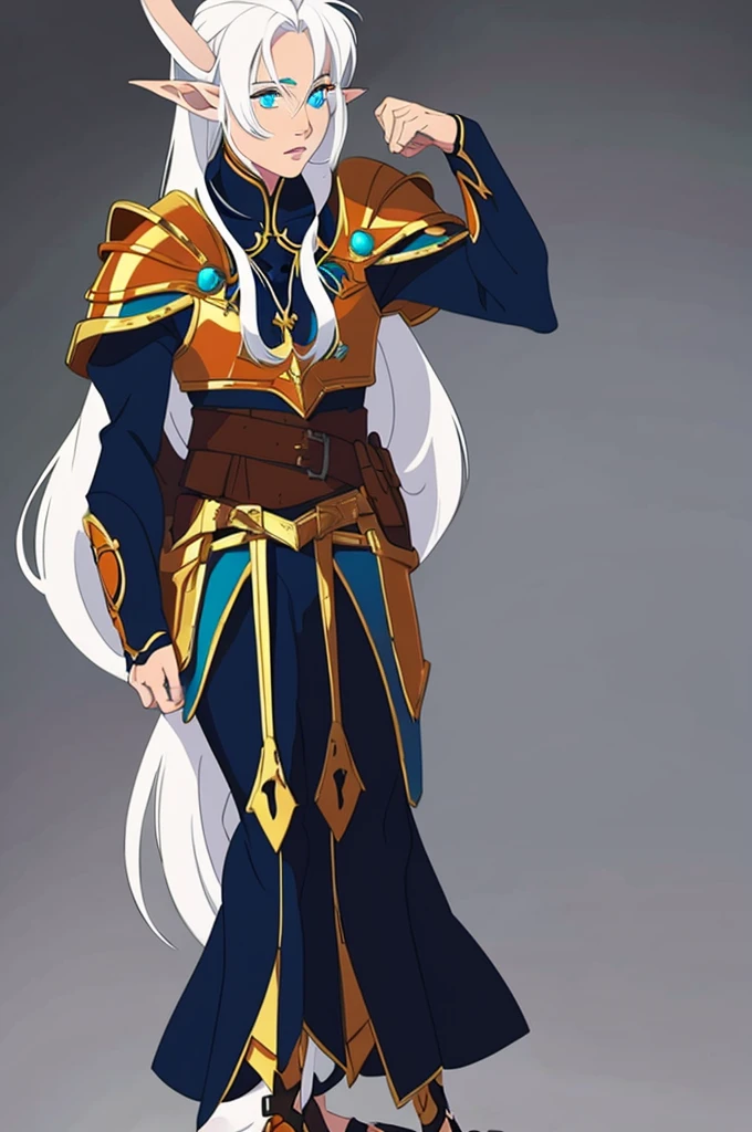 solo holy Bitchmade male elf with white hair and orange eyes and armor wearing sandals, full body.
