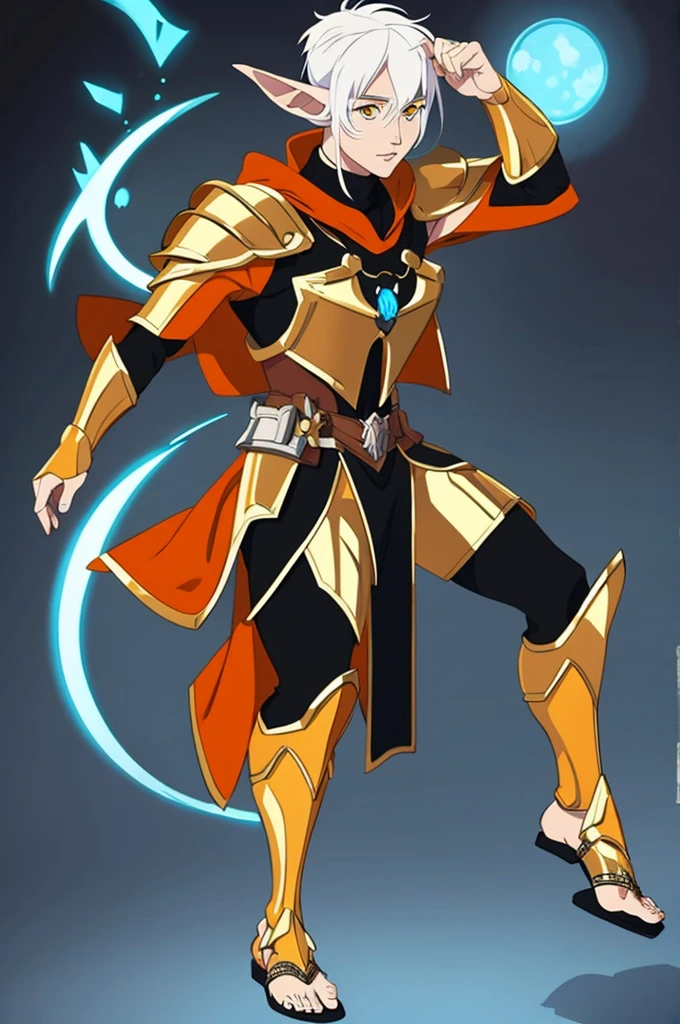 solo holy Bitchmade male elf with white hair and orange eyes and armor wearing sandals, full body.