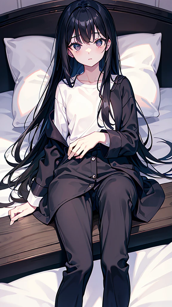 , long black hair, preppy, vestimentas: pyjamas , local: in bed lying asleep