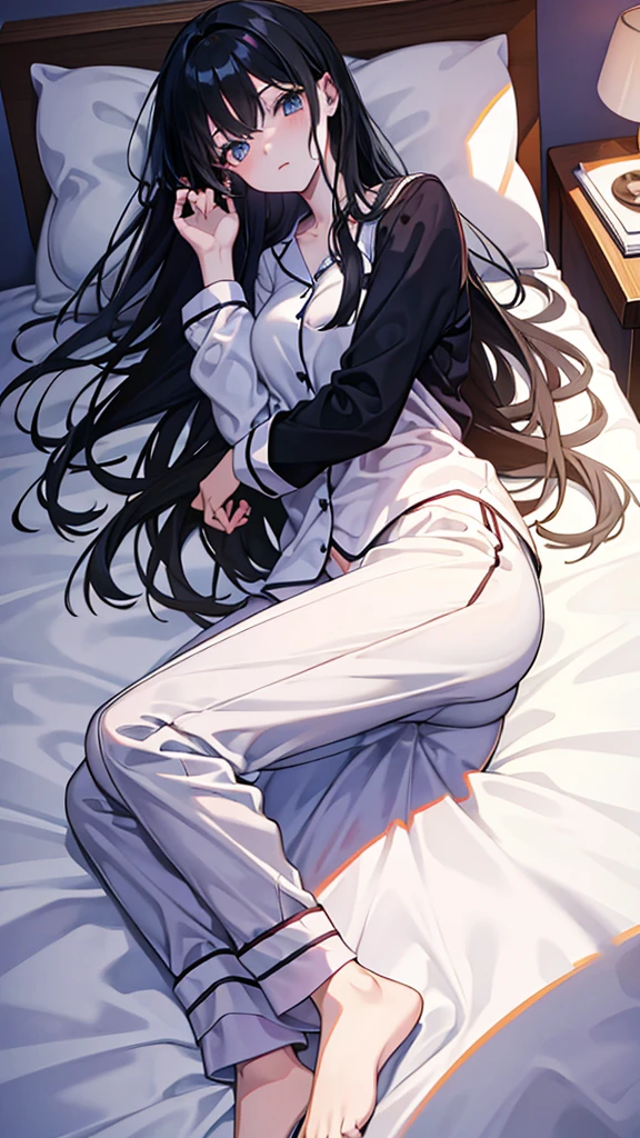 , long black hair, preppy, vestimentas: pyjamas , local: in bed lying asleep