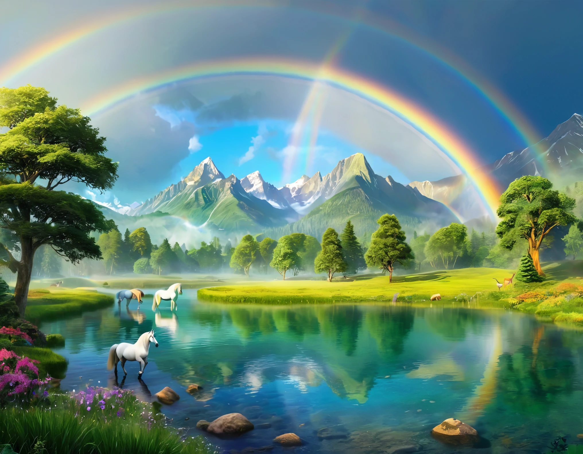 Create a stunning, photorealistic landscape image set in a magical land. This land should be adorned with serene lakes reflecting the vibrant colors of a double rainbow arching across the sky. Majestic mountains should rise in the distance, cloaked in mist. In the foreground, include graceful unicorns peacefully grazing, while exotic and fantastical animals roam freely, adding a sense of wonder to this enchanting world.