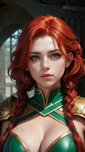 Vivid colors, Aesthetic realistic, a woman, red hair, green eyes, curly hair, freckles on both cheeks, full lips, sympathetic look, fair skin, armor, Huge Breasts, small build, upper body, braided hair,