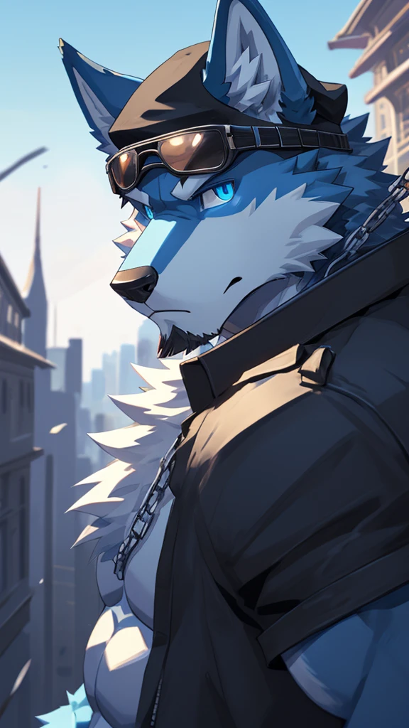 bynamic angle,depth of field, motion blur, absurdres,looking at viewer, (best quality), (masterpiece), (ultra detailed),(detailed eyes),sharp focus,manga,anthro male Blue Wolf,(muscular),Bulkie Body , Naked , Wearing black cap , wearing Sunglasses ,sky blue eyes,handsome , Chaining