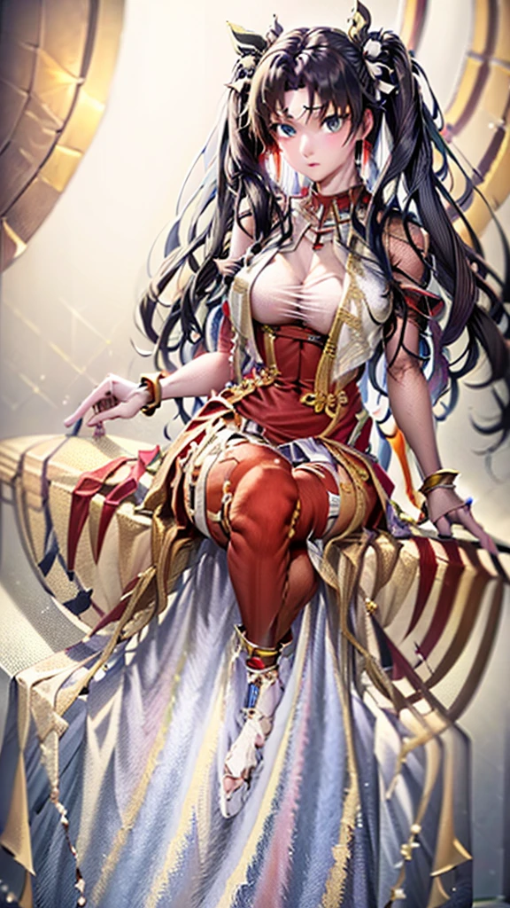 She is a queen of a city in ancient Greece. His hair is black and his eyes are blood red.. She wears a gold tiara around her head. He wears a gold earring in each of his ears.. He wears a necklace decorated with precious stones around his neck.. She is dressed in a red and black ancient Greek dress..