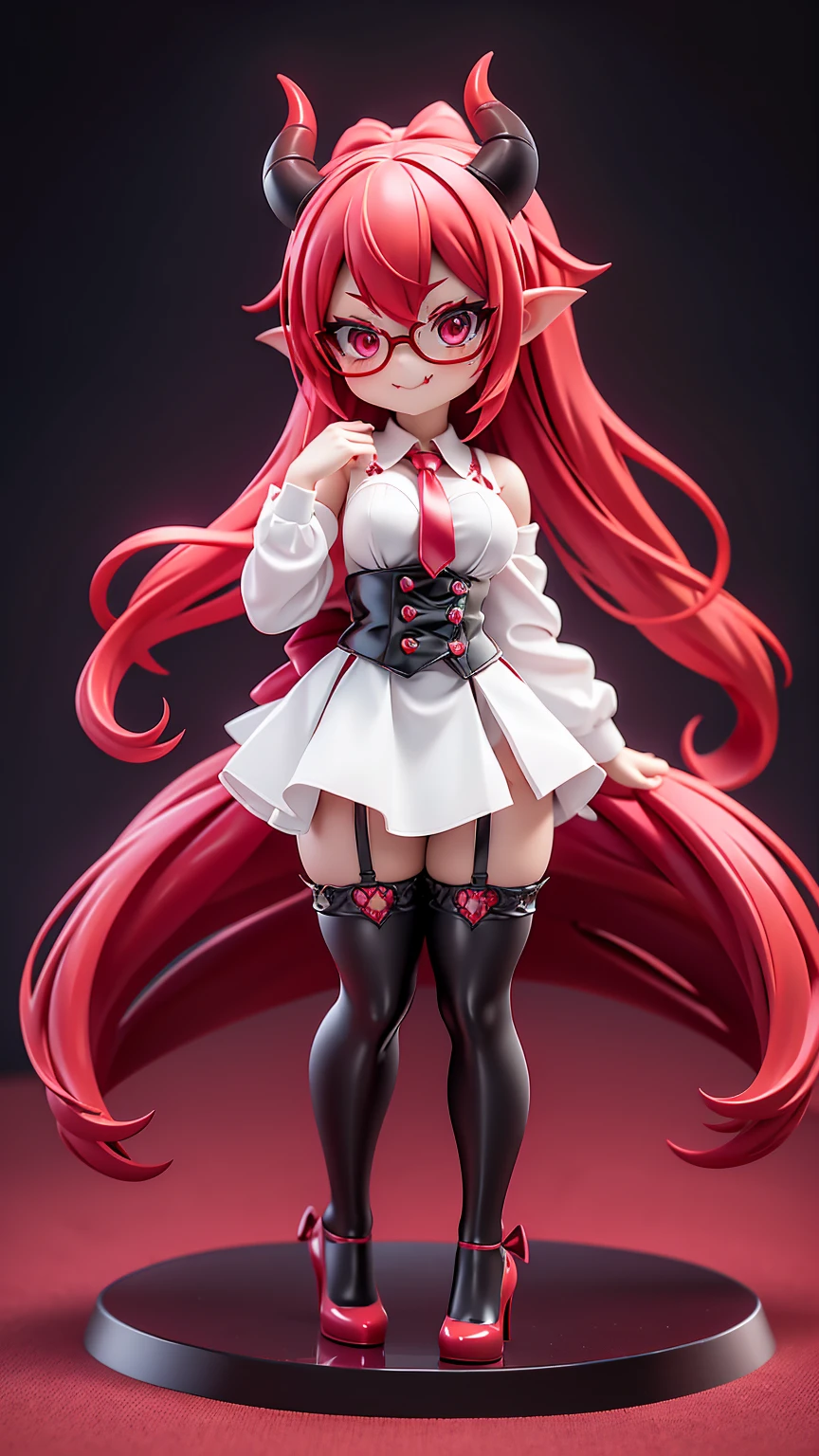 work, best quality, girl, red demon, oni, horns, little devil, ((succubus)), a little scary, seductive flirt, long hair alternative, red-pink hair, bow hair, aqua eyes, glasses, succubus outfit, reviling lingerie, seductive smile, Tongue, black eyes, long eyelashes, young breasts, There is a mole on the chest, White shirt, black skirt, high heeled, shoe, period, hair ribbon, flower ribbon, devil tail with heart, tall, ((stockings opaque:1.4))