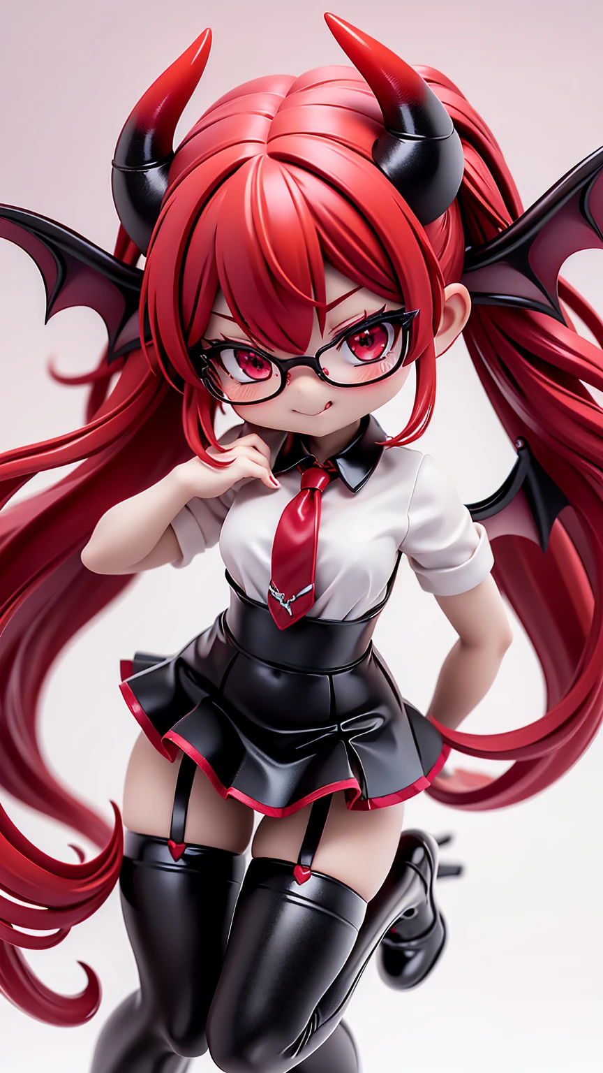 work, best quality, girl, red demon, oni, horns, little devil, ((succubus)), a little scary, seductive flirt, long hair alternative, red-pink hair, bow hair, aqua eyes, glasses, succubus outfit, reviling lingerie, seductive smile, Tongue, black eyes, long eyelashes, young breasts, There is a mole on the chest, White shirt, black skirt, high heeled, shoe, period, hair ribbon, flower ribbon, devil tail with heart, tall, ((stockings opaque:1.4))