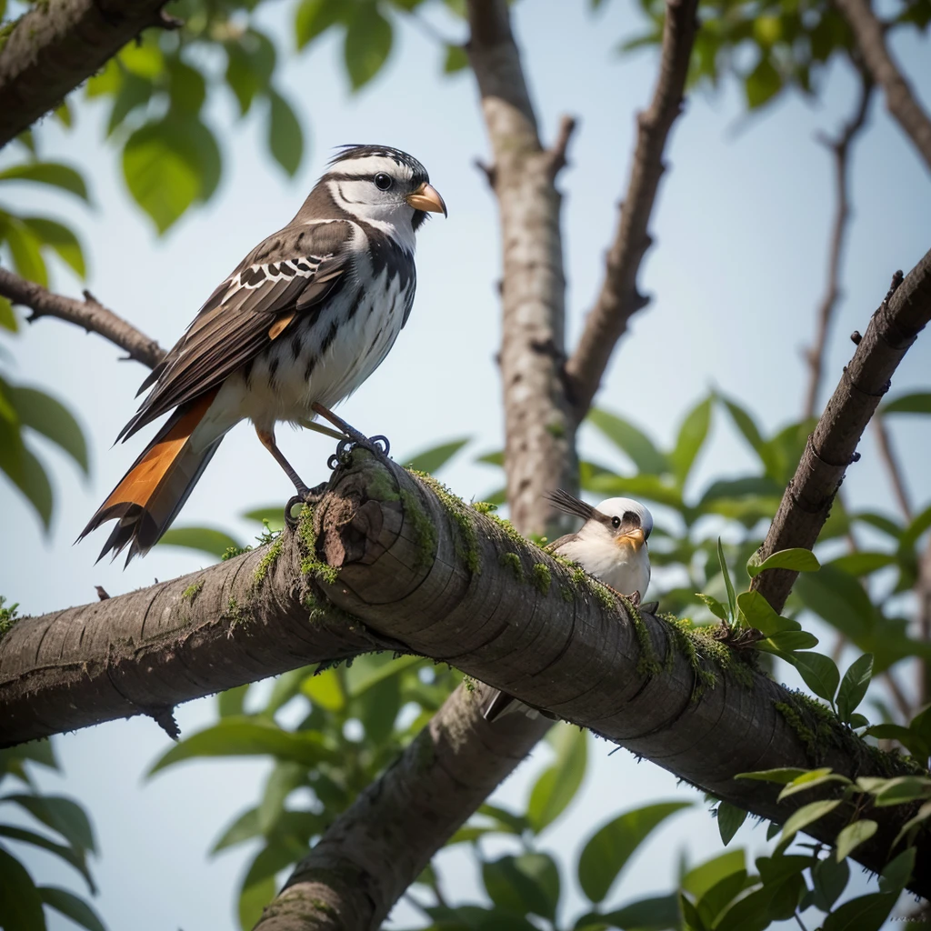 a bird perched on a branch. The bird has a prominent orange crest on its head., with white and black markings near the eyes and beak. The plumage is mainly brown, with intricate patterns, including white spots and blue accents on the wings. The tail appears long and brown, with horizontal stripes. The bird's beak is curved and pointed, suggesting that it may be an insectivorous or omnivorous species.
A significant portion of the image in the center is blurred with a pixelated rectangle, hiding part of the bird's body and the branch. This could indicate sensitive content being hidden or simply an editing choice to focus attention on other parts of the image..
The background is vegetation, which provides a natural setting that suggests this photo was taken in nature. Shallow depth of field emphasizes the bird.