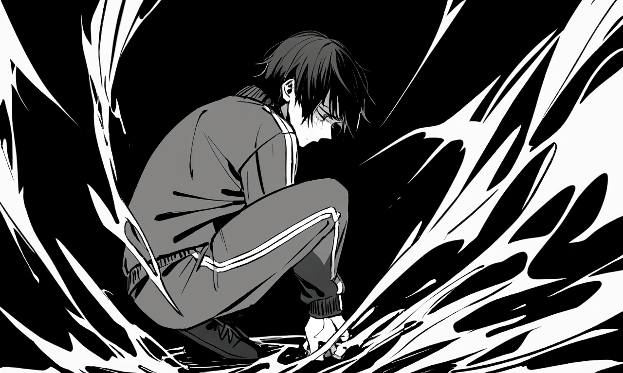 black and white drawing, black background, human, 26 year old male, black neat hair, a lonely face, wearing gray tracksuit, squat down, Frustration