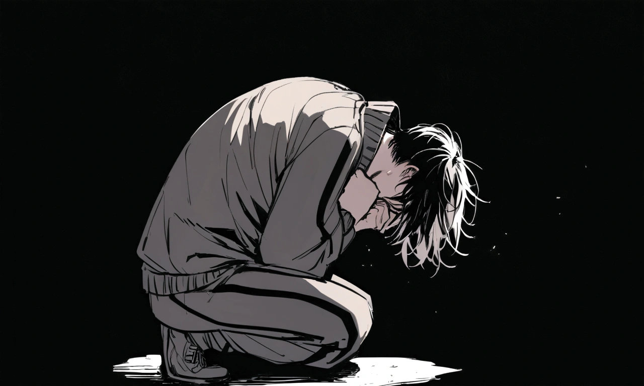 black and white drawing, black background, human, 26 year old male, black neat hair, a lonely face, wearing gray tracksuit, squat down, Frustration