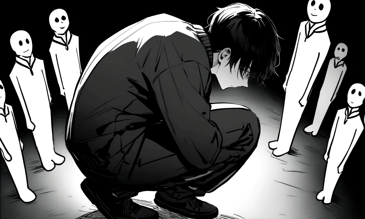 black and white drawing, black background, human, 26 year old male, black neat hair, a lonely face, wearing gray tracksuit, squat down, Frustration