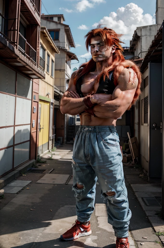 1boy, full body view, hovering in the air, gogeta, Anime, High Detailed, badass, (crossed arms), Confident Smile, muscular, (body_fur, red_fur:1.2), spiky hair, red hair, background: A destroyed city with a Beautiful blue sky with white clouds in back, anime style, add_detail:0,5, anime, akira toriyama, inspired by Akira Toriyama