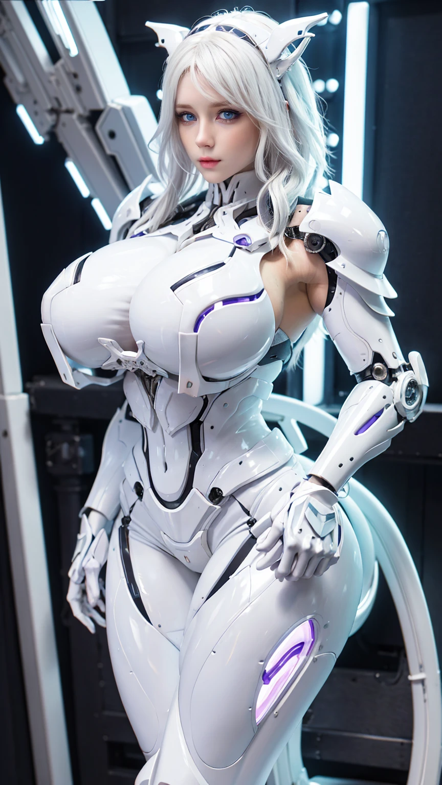 (DRAGON HORN HEAD HELMET), HUGE FAKE BREASTS, (BEAUTIFUL FACE), (WHITE HAIR), (WHITE:1.2, PURPLE:0.8, MECHA ARMORED GEAR), (((A PAIR OF HUGE MECHANICAL WINGS SPREAD OUT))), FUTURISTIC DRAGON MECHA SKIMPY BATTLESUIT, (CLEAVAGE), (SKINTIGHT YOGA PANTS), (PERFECT BODY:1.2), FRONT, (STANDING:1), SEXY MUSCULAR BODY, MUSCLE ABS, UHD, 8K, 1080P.