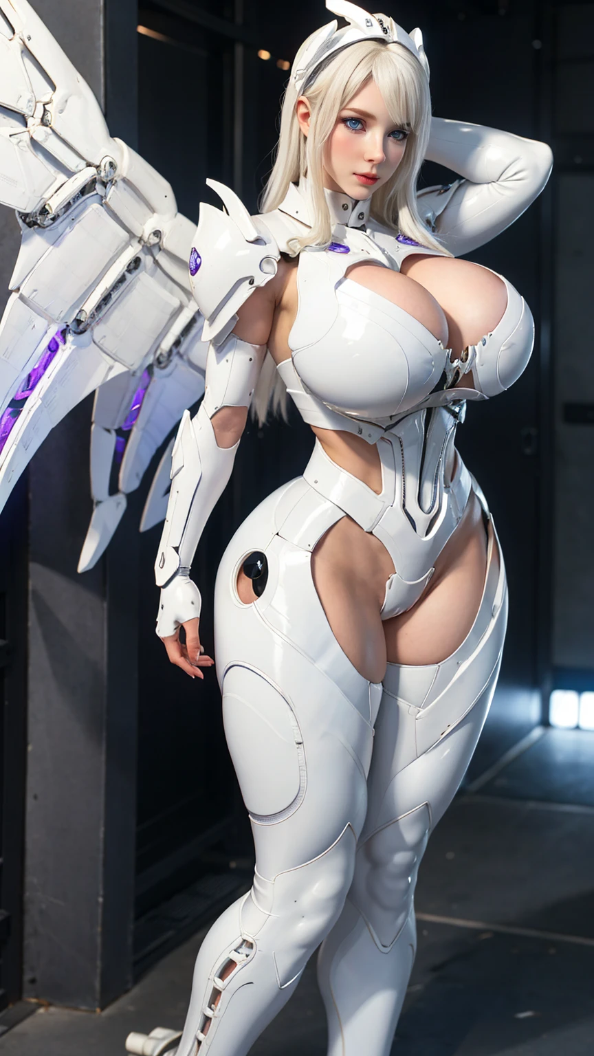 (DRAGON HORN HEAD HELMET), HUGE FAKE BREASTS, (BEAUTIFUL FACE), (WHITE HAIR), (WHITE:1.2, PURPLE:0.8, MECHA ARMORED GEAR), (((A PAIR OF HUGE MECHANICAL WINGS SPREAD OUT))), FUTURISTIC DRAGON MECHA SKIMPY BATTLESUIT, (CLEAVAGE), (SKINTIGHT YOGA PANTS), (PERFECT BODY:1.2), FRONT, (STANDING:1), SEXY MUSCULAR BODY, MUSCLE ABS, UHD, 8K, 1080P.