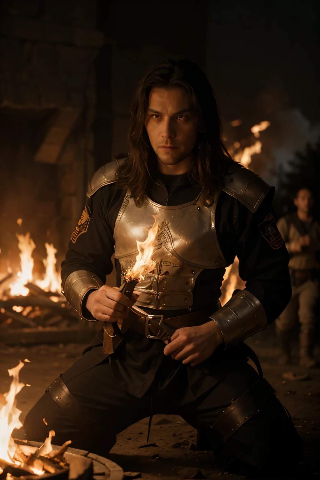Big dark angel with fire in his eyes destroying the terrorists, on an. Medieval war scene