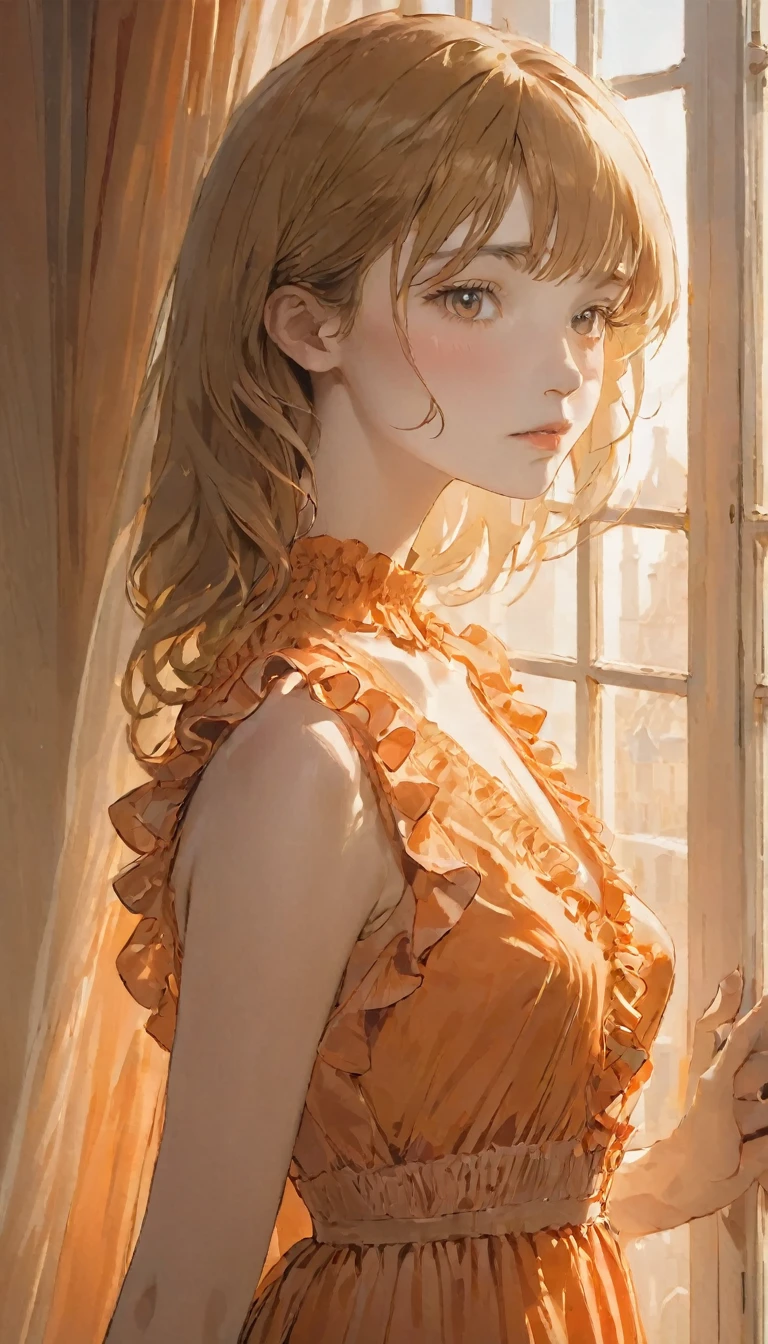 (Highest quality, masterpiece), One beautiful French woman, Intricate details, Frills, See through, Show Viewer, Sunlight from the window, blush, bangs, Are standing, Upper Body,Orange dress、The background is orange
