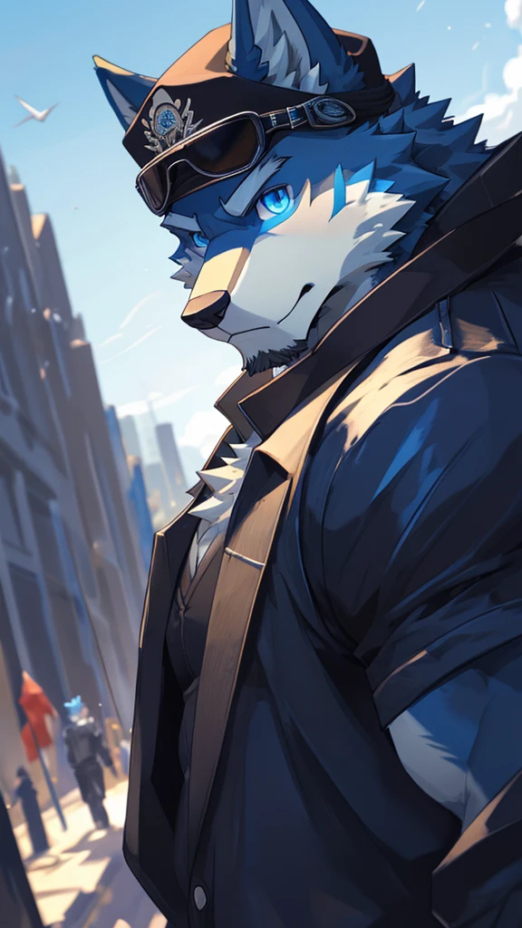 bynamic angle,depth of field, motion blur, absurdres,looking at viewer, (best quality), (masterpiece), (ultra detailed),(detailed eyes),sharp focus,manga,anthro male Blue Wolf,(muscular),Bulkie Body , Naked , Wearing black cap , wearing Sunglasses ,sky blue eyes,handsome , Chaining