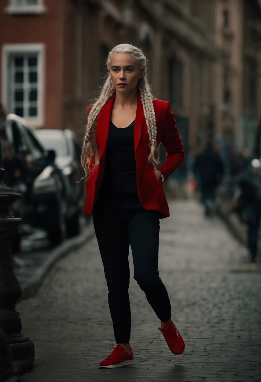 EMÍLIA CLARKE in pedestrian runs, black Kapuzenpullover, red Blazer, black pants, red sneaker, HAIR from Daenerys targaryen in braids