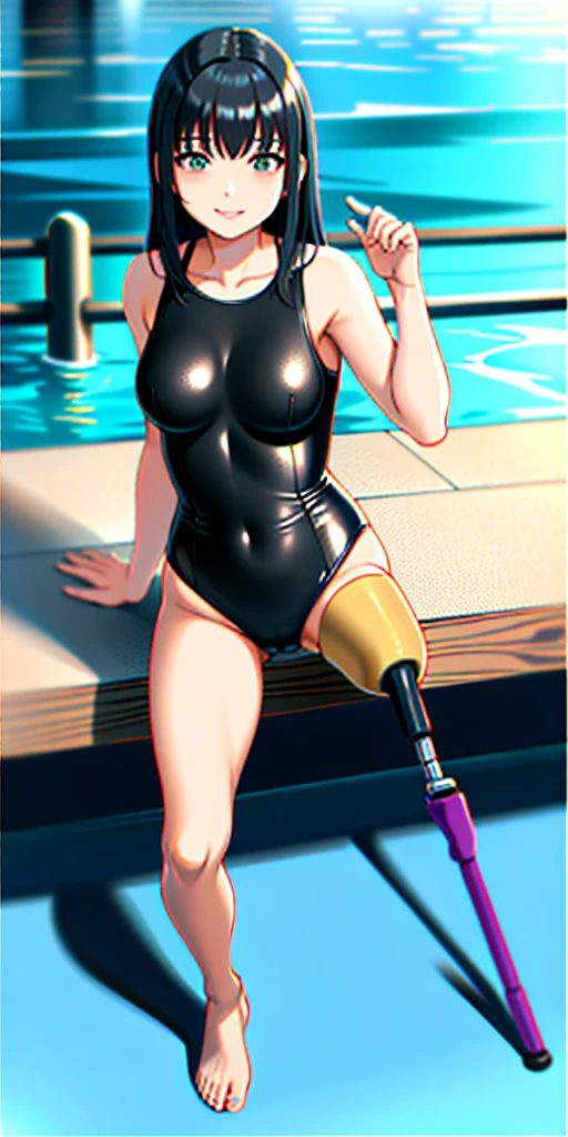 best quality, 1girl, solo, standing, pool, medium hair, black hair, straight hair, looking at viewer, medium breasts,  (prosthetic leg:1.2), full body, smiling, swimming suit, leotard, black leotard, black swimming suit, barefoot. 