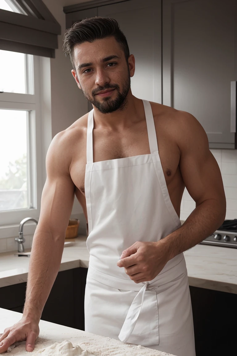 Real image of a Turkish model man with short black hair athletic body looking towards the camera, shady beard cut, with a slight smile, shirtless, wearing white boxers and an apron. Kneading a dough on a table with flour in the kitchen, window light.