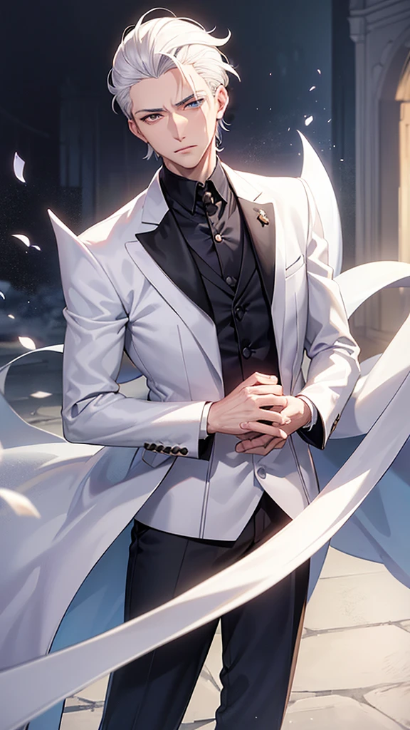 best quality,Japanese animation style adult male,short hair,white hair,Up-bang and parted into seven thirds,slicked back to show the forehead,small eyes,slant eyes, white eyes,
stern expression,Tailcoat combat specifications based on white,Background is inside a castle,folding one's arms