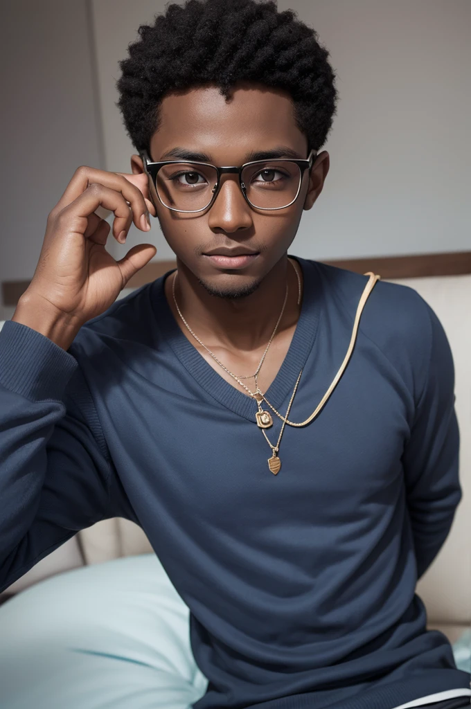 A dark-skinned boy with glasses