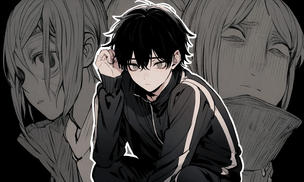 black and white drawing, black background, human, 26 year old male, black neat hair, a lonely face, wearing gray tracksuit, squat down, raise one&#39;s eyes.