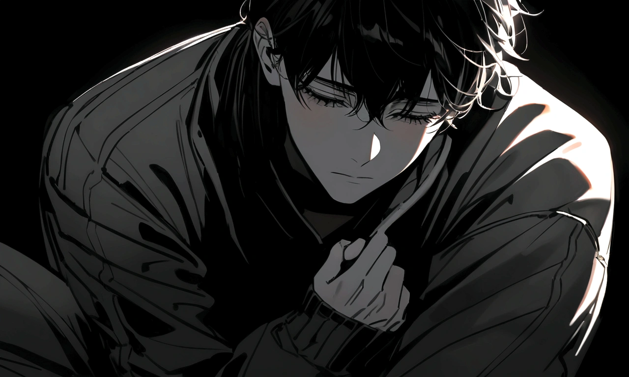 black and white drawing, black background, human, 26 year old male, black neat hair, a lonely face, wearing gray tracksuit, squat down, raise one's head high.