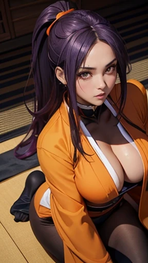 (((Perfect figure, 1girl, figure,xuer martial arts,Orange kimono,Orange kimono,Black undershirt,(((shihouin yoruichi,Golden pupil,1girl,dark-skinned female,solo,ponytail,long purple hair ))),(((wide hips))),S-shaped figure:1.7))),((masterpiece)),high resolution, ((Best quality at best)),masterpiece,quality,Best quality,((( Exquisite facial features,looking at the audience,There is light in the eyes,blush,shy,open mouth))),(((Light and shadow interlace,huge ))),(((looking into camera,lie on the floor,from above,looking down,open hands,Kurotsuchi)))
