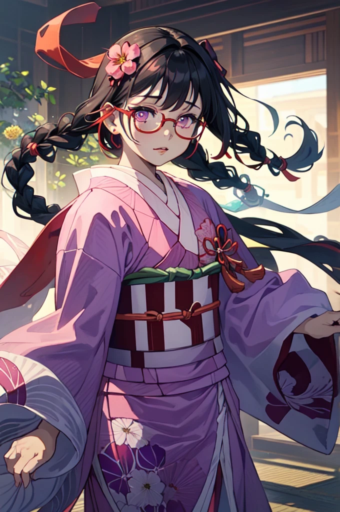 Girl in light purple Japanese kimono, with printed flowers, neckleace, dark purple hair tied into two braids with bangs pink eyes, red square glasses, fully body, seductive and flushed face