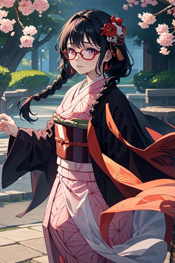 Girl in light purple Japanese kimono, with printed flowers, neckleace, dark purple hair tied into two braids with bangs pink eyes, red square glasses, fully body, seductive and flushed face