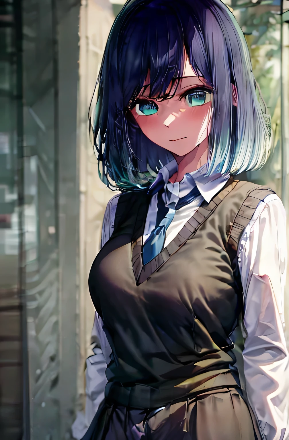 best quality, masterpiece, 1 girl, alone, beautiful, detailed eyes, shirt, blue tie, blue hair, white shirt, long sleeves, medium hair, collared shirt, vest, indoors, , bangs, vest, closed mouth , smile, green eyes, multicolored hair, black vest, short hair, faded hair, blue eyes, skirt, walking down the street, in the rain, holding her umbrella