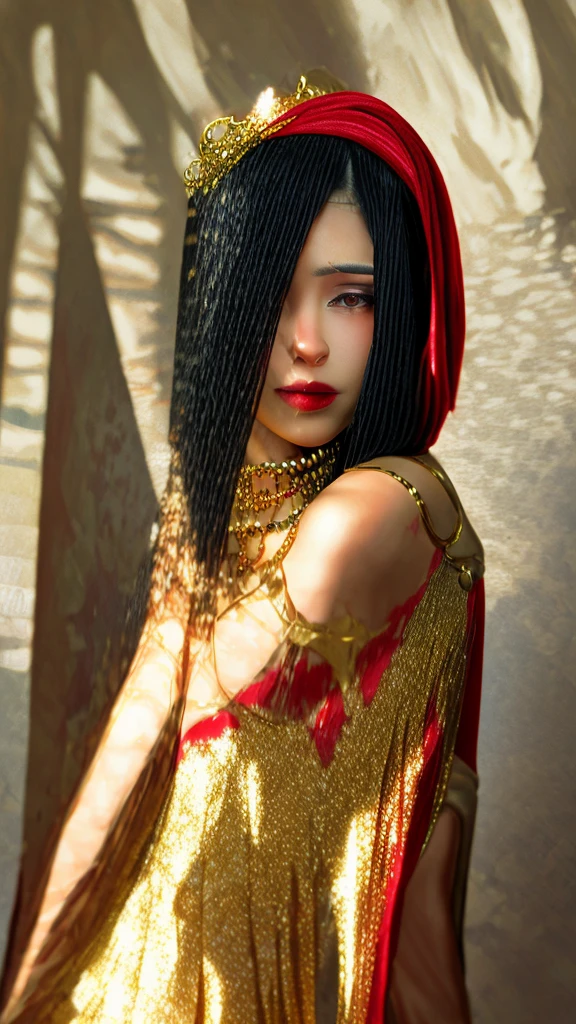 She is a queen of a city in ancient Greece. His hair is black and his eyes are blood red.. She wears a gold tiara around her head. He wears a gold earring in each of his ears.. He wears a necklace decorated with precious stones around his neck.. She is dressed in a red and black ancient Greek dress..