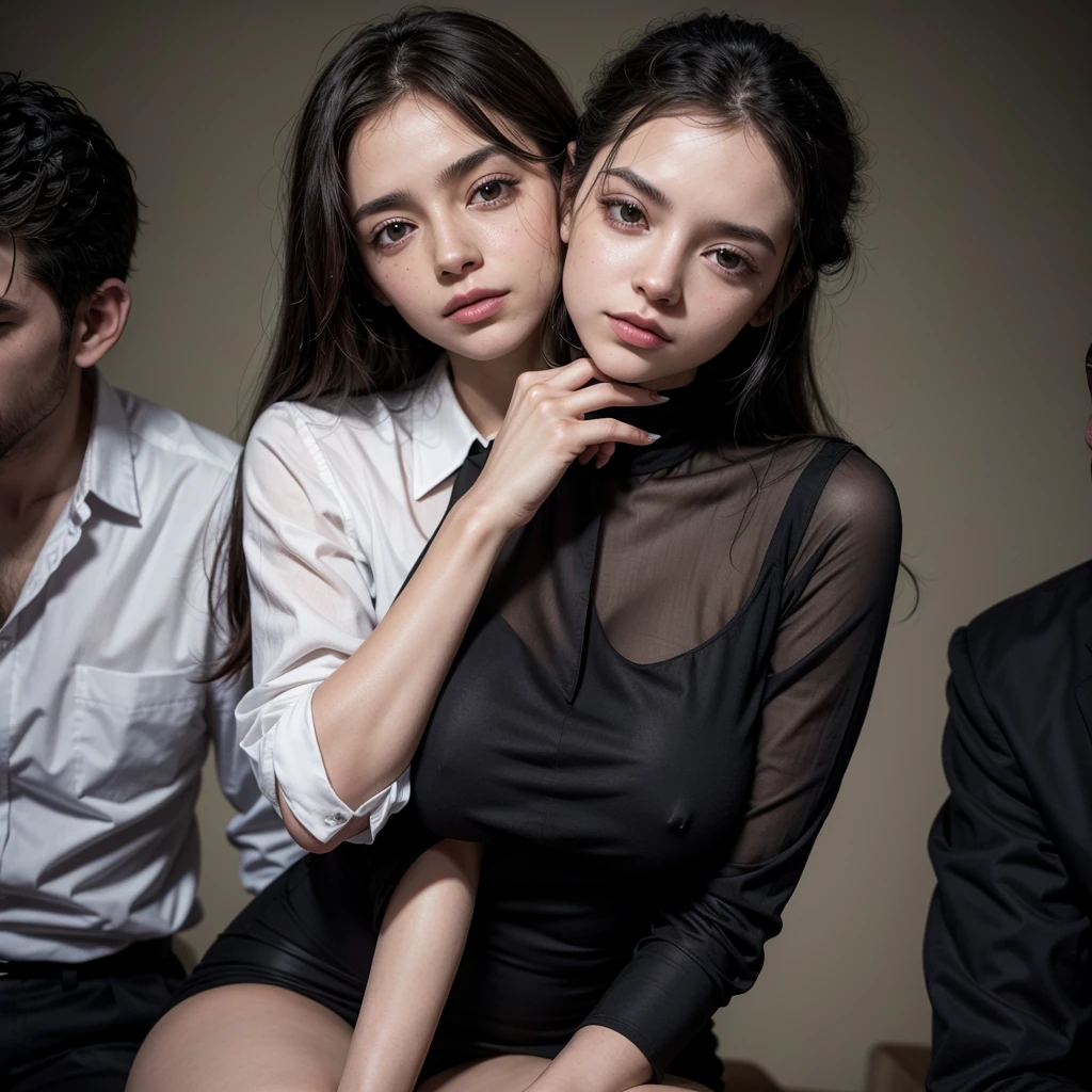 uma freira, She has her hands together in front of her body, Next to her there is a man wearing a black dress shirt, he has his hand on her neck.