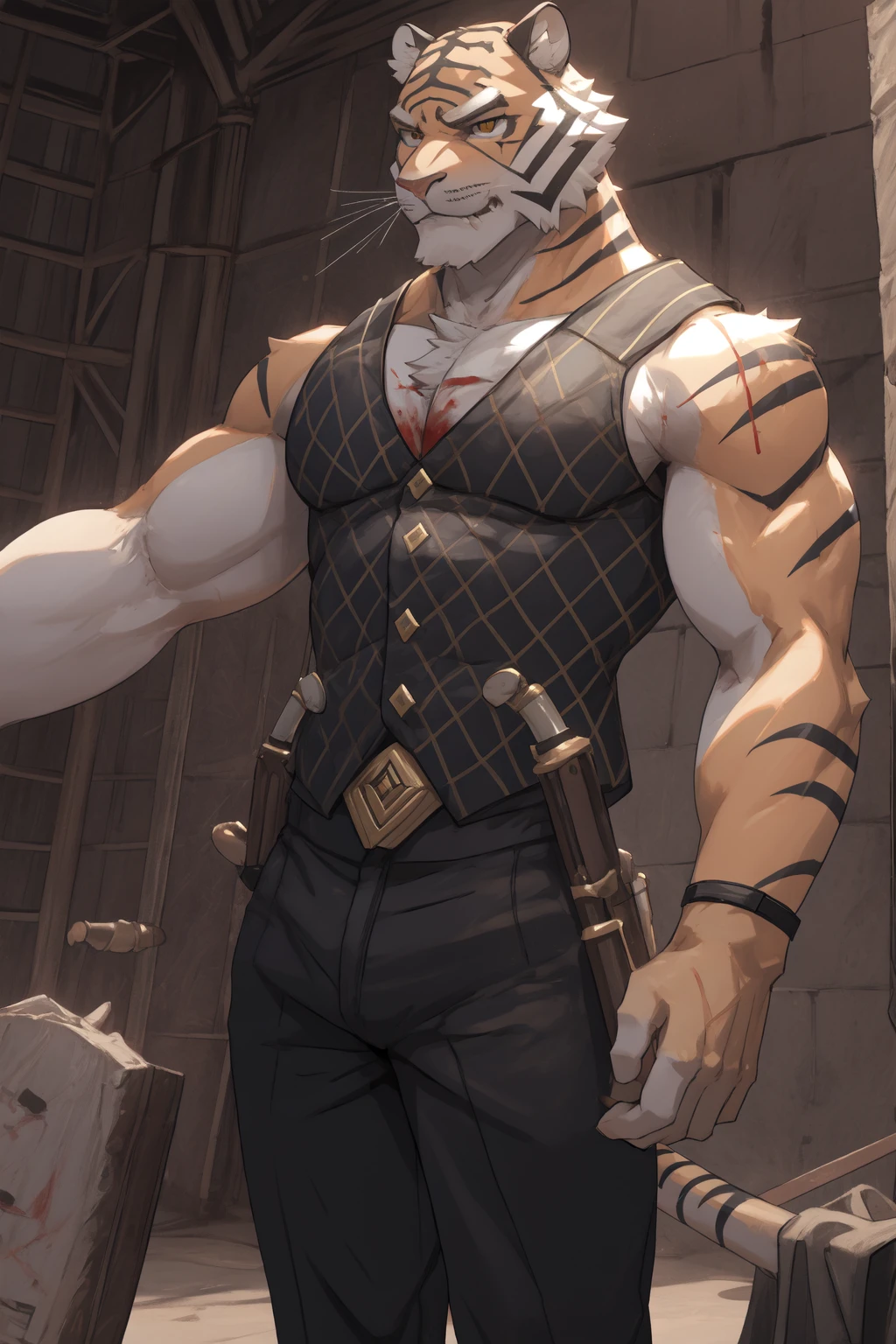 Oscar, male, tiger, buff, wearing a tank top, black pants, wielding a machine gun, smiling, blood on face, on the battlefield, hd 8k