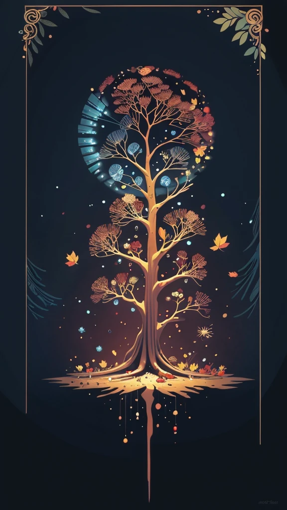 circular tree,four seasons,spring,summer,autumn,winter,leaves,roots,branches,trunk,ornate border,decorative,digital illustration,artwork,movement,time,swirling background,dark background,vibrant colors,natural,life cycle,growth,change,nature,life,peace,harmony,spirituality,symbolism,digital art,illustration,painting,graphic design,art,design,digital media,online art,visual art,fine art,fantasy