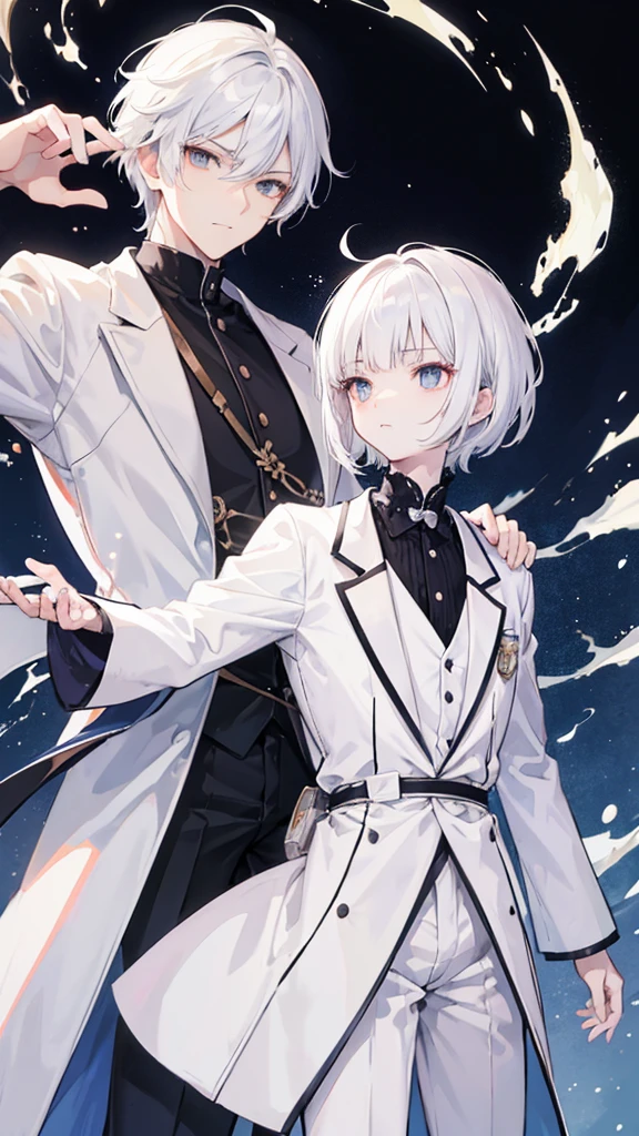 best quality,Japanese animation style adult male,short hair,white hair,Up-bang and parted into seven thirds,small eyes,slant eyes, white eyes,
stern expression,Tailcoat combat specifications based on white,Background is inside a castle,folding one's arms