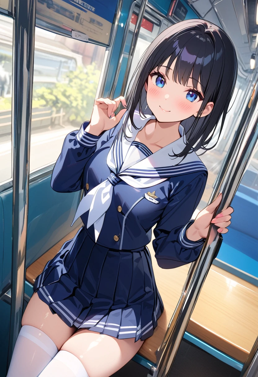 Highest quality、High resolution、Detailed Background、Beautiful face in every detail、Teenage beauty、Perfect body line、Long black hair、Shiny navy blue sailor suit、White sailor collar、Navy blue pleated skirt、White Stockings、on the train、Sitting in a chair、Looking at me with a happy expression、Panty Shot、Cute gestures、so beautiful