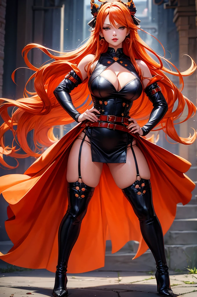 piperBS_mariposa, orange hair, long hair, earrings, hair bow, realistic face, red lips, big breasts, big thighs, big ass, red belt, thigh strap, high boots, heels, showing pussy, mitsuri kanroji demon slayer, standing, black and orange dress