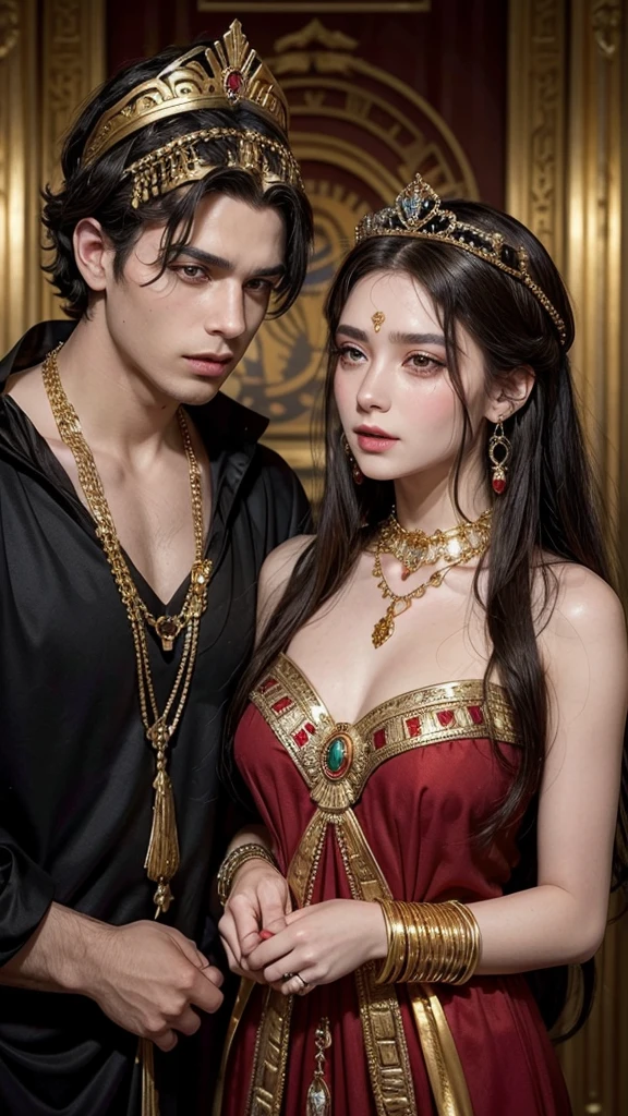 She is a queen of a city in ancient Greece. His hair is black and his eyes are blood red.. She wears a gold tiara around her head. He wears a gold earring in each of his ears.. He wears a necklace decorated with precious stones around his neck.. She is dressed in a red and black ancient Greek dress..