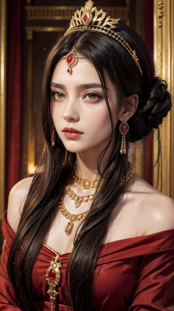 She is a queen of a city in ancient Greece. His hair is black and his eyes are blood red.. She wears a gold tiara around her head. He wears a gold earring in each of his ears.. He wears a necklace decorated with precious stones around his neck.. She is dressed in a red and black ancient Greek dress..